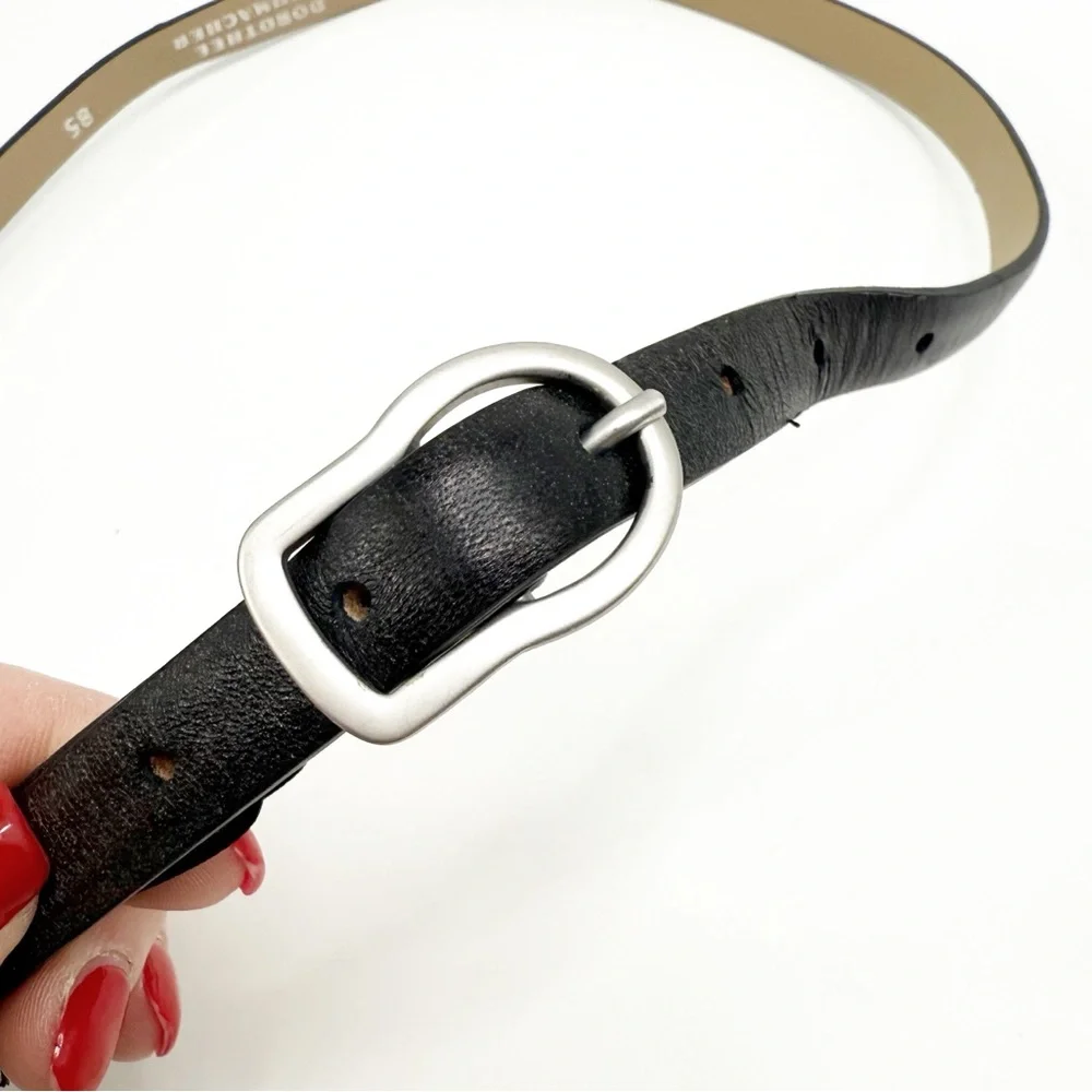 DOROTHEE SCHUMACHER Black Calfskin Embossed Leather Belt with Silver Buckle, 85